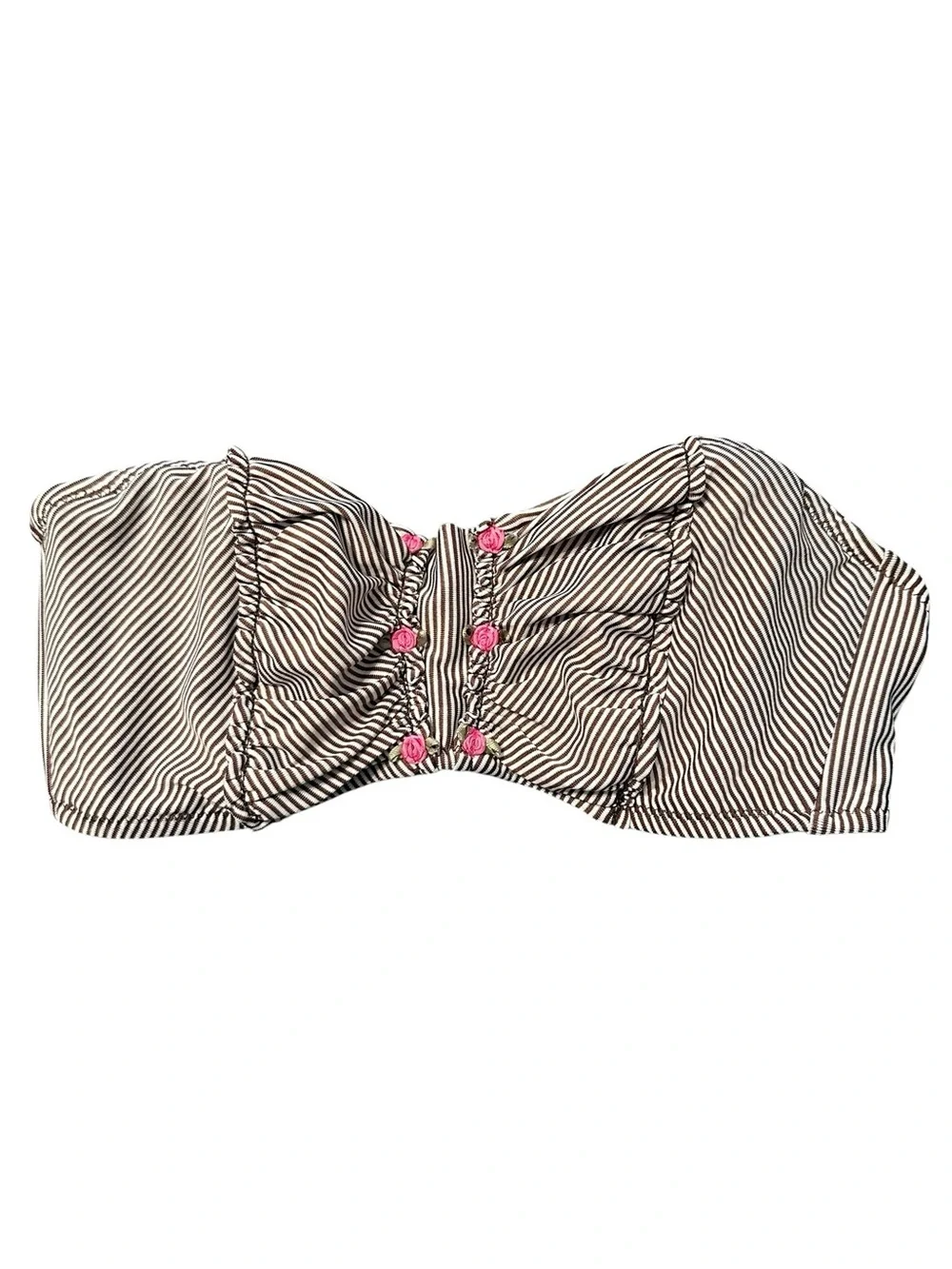 Striped Bandeau Bikini Top with Pink Rosette Detail s